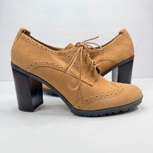 Y2K Tommy Hilfiger Women 10 Oxford Lug Heel Tan Suede Wingtip Brogue Lace Up